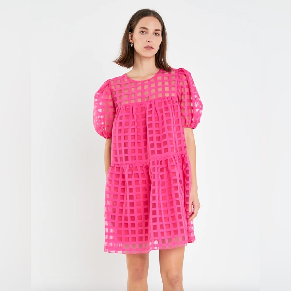 English Factory Gridded Organza Mini Dress in Fuchsia Sz Small